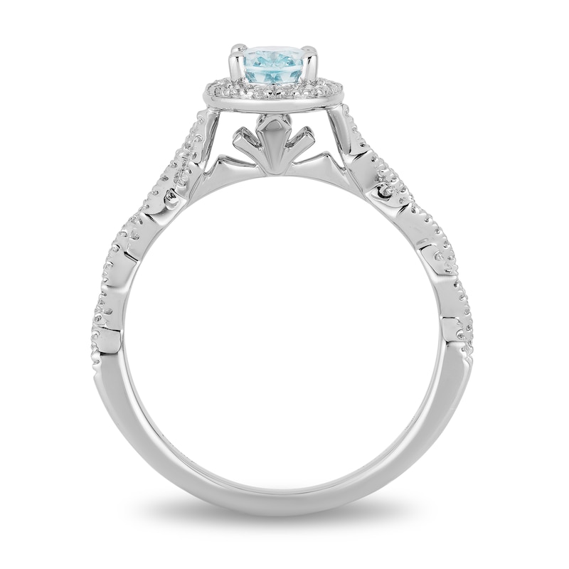 Enchanted Disney Elsa Oval Aquamarine and 0.23 CT. T.W. Diamond Frame Twist Shank Engagement Ring in 14K White Gold