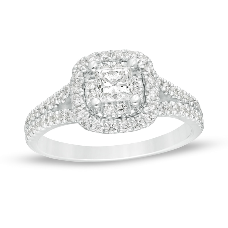 Main Image 1 of 1.00 CT. T.W. Princess-Cut Diamond Double Frame Split Shank Engagement Ring in 14K White Gold