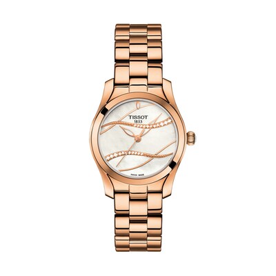 Ladies' Tissot T-Wave Diamond Accent Rose-Tone Watch with Mother-of-Pearl Dial (Model: T112.210.33.111.00)
