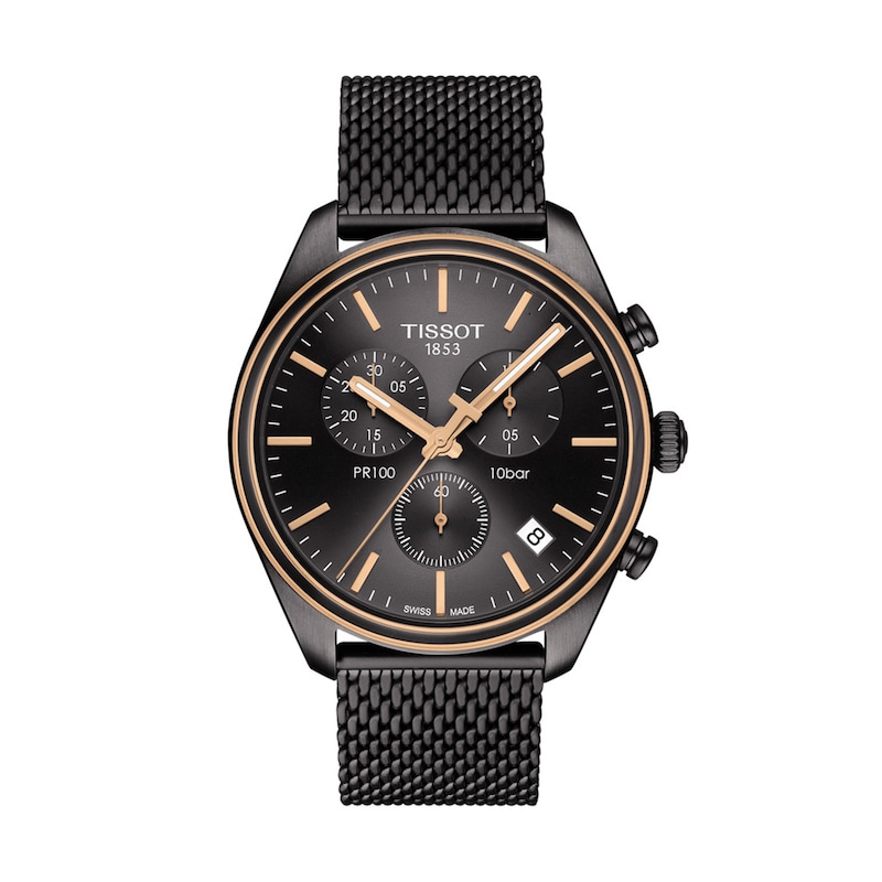 Men's Tissot PR 100 Chronograph Black PVD Mesh Watch with Black Dial  (Model: T101.417.23.061.00)|Peoples Jewellers