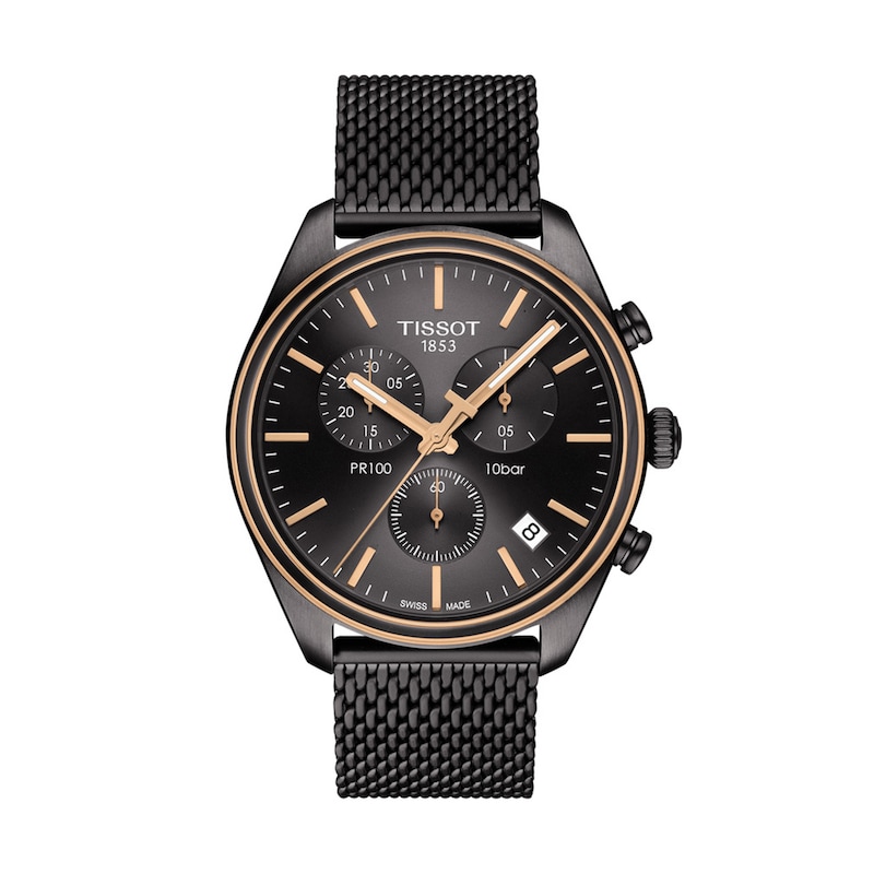Main Image 1 of Men's Tissot PR 100 Chronograph Black PVD Mesh Watch with Black Dial  (Model: T101.417.23.061.00)