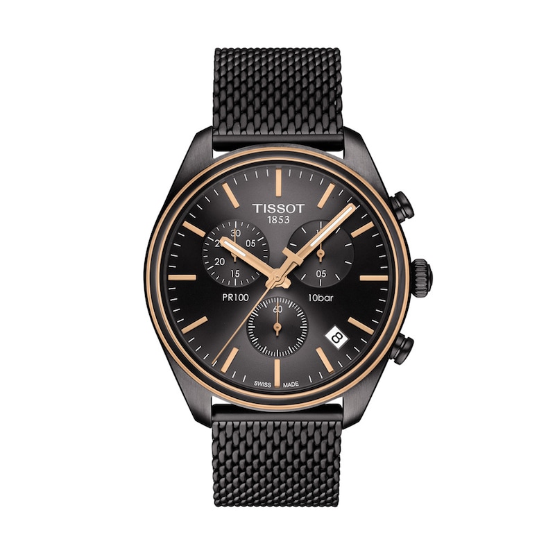 Men's Tissot PR 100 Chronograph Black PVD Mesh Watch with Black Dial  (Model: T101.417.23.061.00)