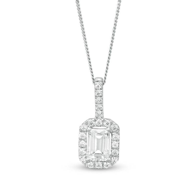 0.95 CT. T.W. Certified Emerald-Cut Diamond Octagonal Frame Drop Pendant in 14K White Gold (I/I1)|Peoples Jewellers