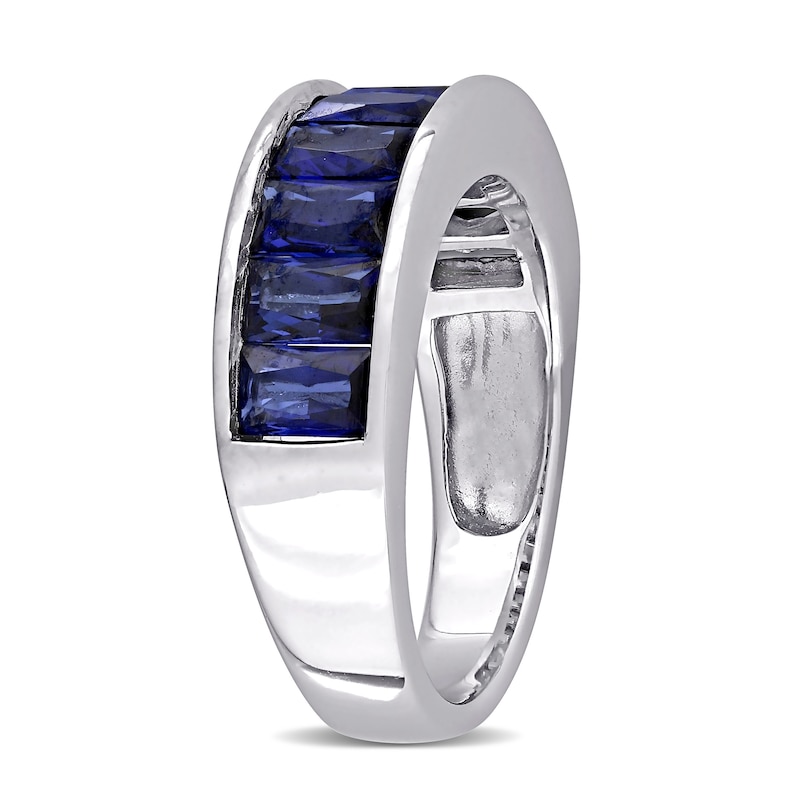 Main Image 3 of Baguette-Cut Lab-Created Blue Sapphire Band in Sterling Silver