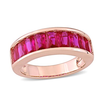 Baguette-Cut Lab-Created Ruby Band in Sterling Silver with Rose Rhodium