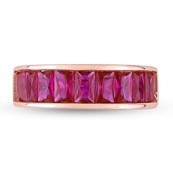 Baguette-Cut Lab-Created Ruby Band in Sterling Silver with Rose Rhodium