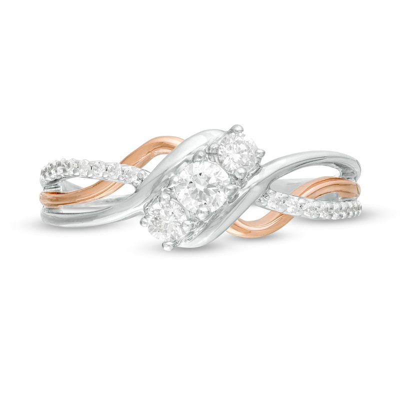 Main Image 4 of 0.29 CT. T.W. Diamond Three Stone Bypass Engagement Ring in 10K Two-Tone Gold