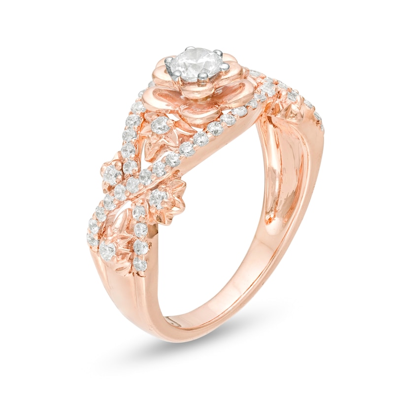 Main Image 3 of 0.58 CT. T.W. Diamond Flower Frame Twist Shank Engagement Ring in 10K Rose Gold