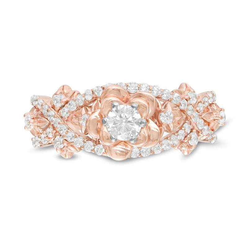 Main Image 4 of 0.58 CT. T.W. Diamond Flower Frame Twist Shank Engagement Ring in 10K Rose Gold