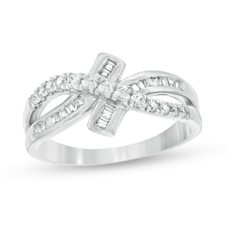 Main Image 1 of 0.37 CT. T.W. Baguette and Round Diamond Bypass Crossover Ring in 10K White Gold