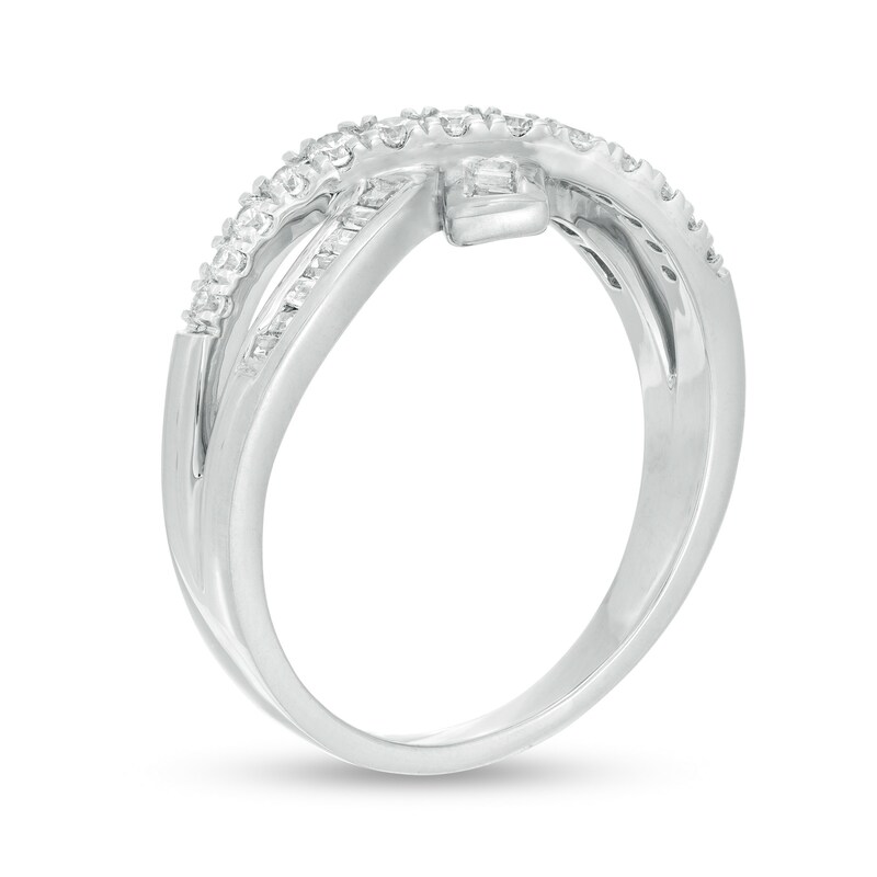 Main Image 3 of 0.37 CT. T.W. Baguette and Round Diamond Bypass Crossover Ring in 10K White Gold