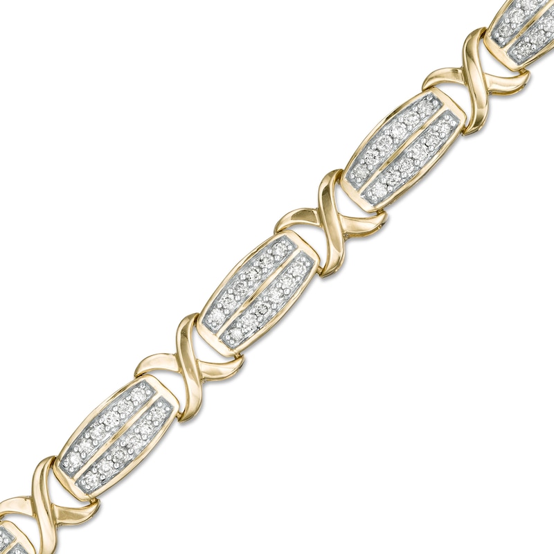 1.00 CT. T.W. Diamond Alternating Double Row "X" Alternating Bracelet in 10K Gold - 7.5"