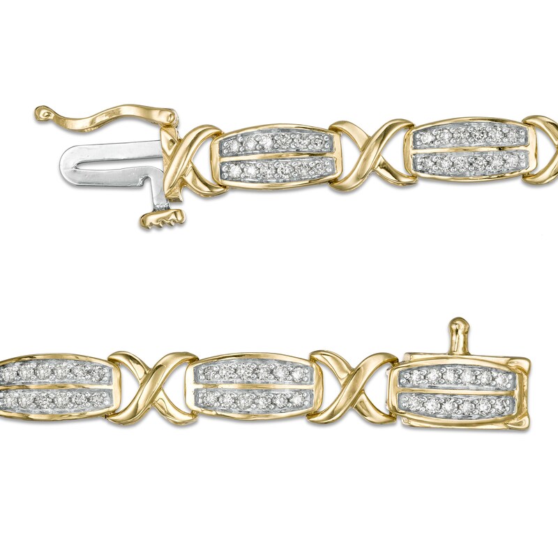 Main Image 3 of 1.00 CT. T.W. Diamond Alternating Double Row "X" Alternating Bracelet in 10K Gold - 7.5"