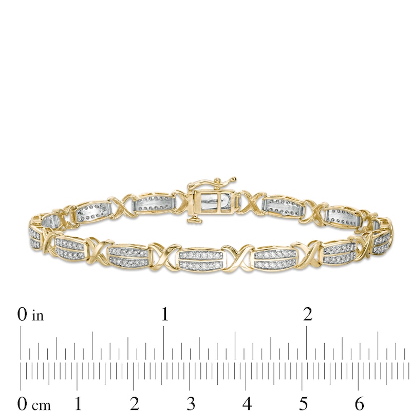 1.00 CT. T.W. Diamond Alternating Double Row "X" Alternating Bracelet in 10K Gold - 7.5"