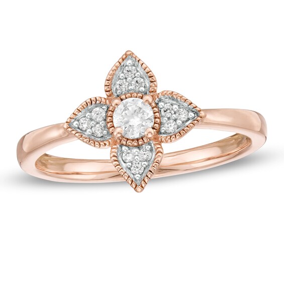 0.18 CT. T.W. Diamond Flower Frame Vintage-Style Promise Ring in 10K Rose Gold