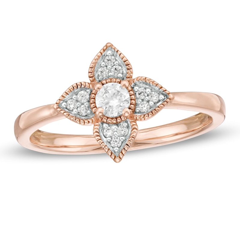 Main Image 1 of 0.18 CT. T.W. Diamond Flower Frame Vintage-Style Promise Ring in 10K Rose Gold