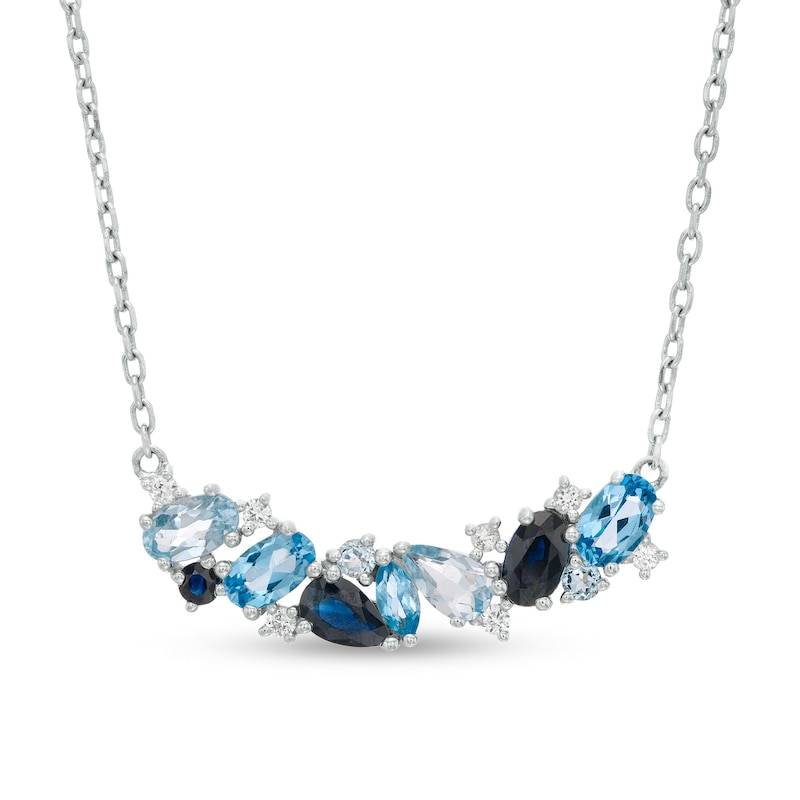 Main Image 1 of Multi-Gemstone and Lab-Created Blue Sapphire Cluster Necklace in Sterling Silver