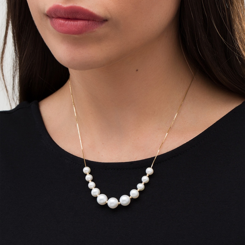 Main Image 2 of 6.0-9.0mm Freshwater Cultured Pearl and Brilliance Bead Graduated Necklace in 14K Gold