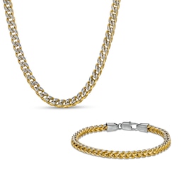 Men's 5.0mm Solid Franco Snake Chain Necklace and Bracelet Set in Stainless Steel and Yellow IP - 24&quot;