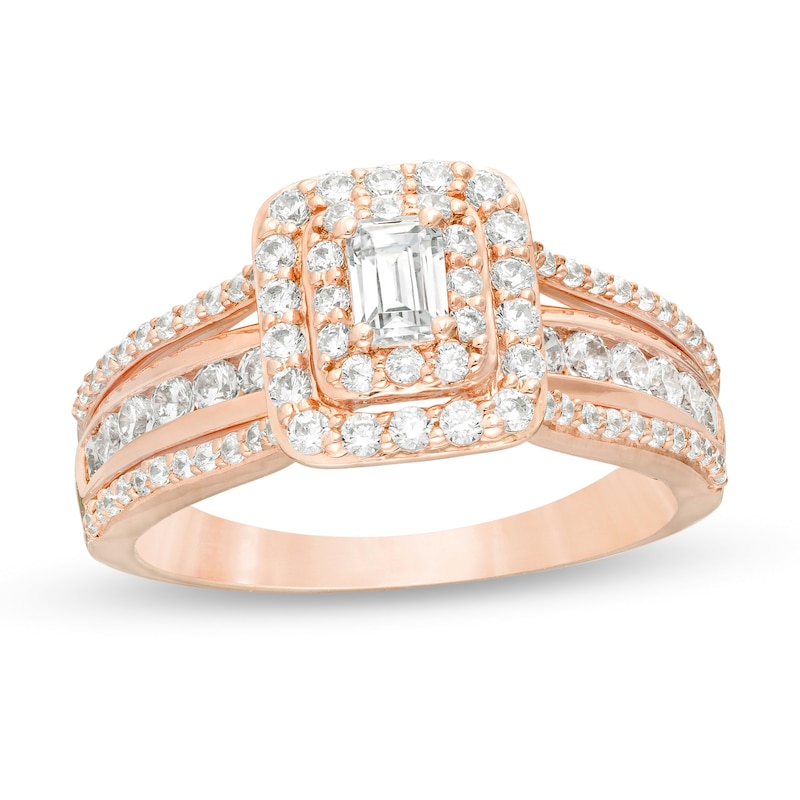 0.95 CT. T.W. Emerald-Cut Diamond Double Frame Multi-Row Engagement Ring in 14K Rose Gold