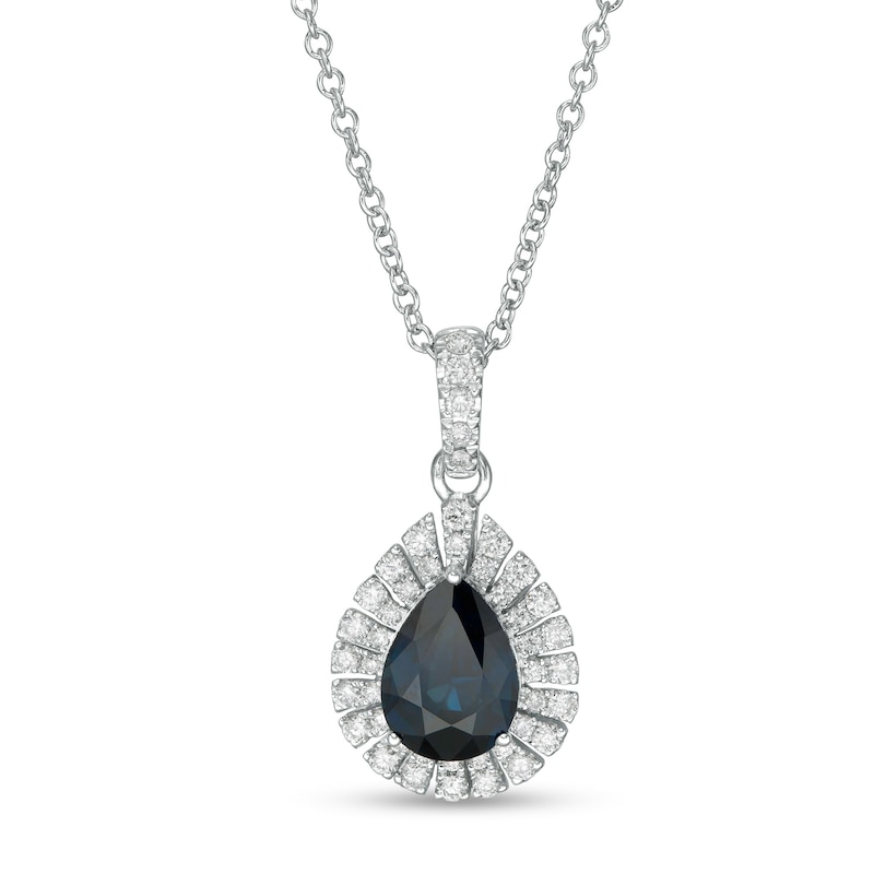 EFFY™ Collection Pear-Shaped Blue Sapphire and 0.25 CT. T.W. Diamond Frame Pendant in 14K White Gold