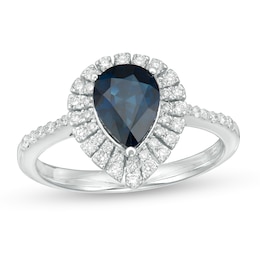 EFFY™ Collection Pear-Shaped Blue Sapphire and 0.28 CT. T.W. Diamond Frame Ring in 14K White Gold