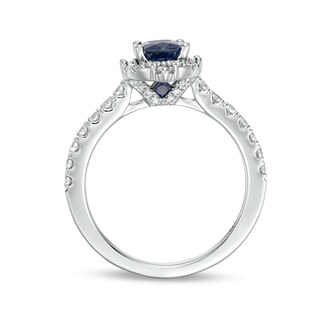 Vera Wang Love Collection Certified Oval Blue Sapphire and 0.58 CT. T.W. Diamond Frame Engagement Ring in 14K White Gold