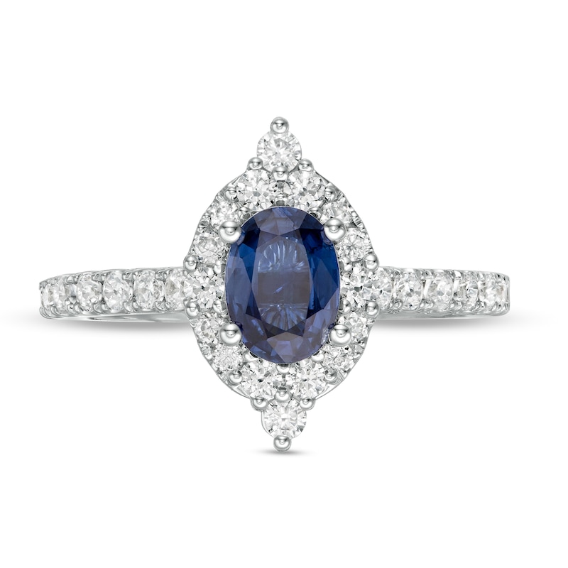 Vera Wang Love Collection Certified Oval Blue Sapphire and 0.58 CT. T.W. Diamond Frame Engagement Ring in 14K White Gold