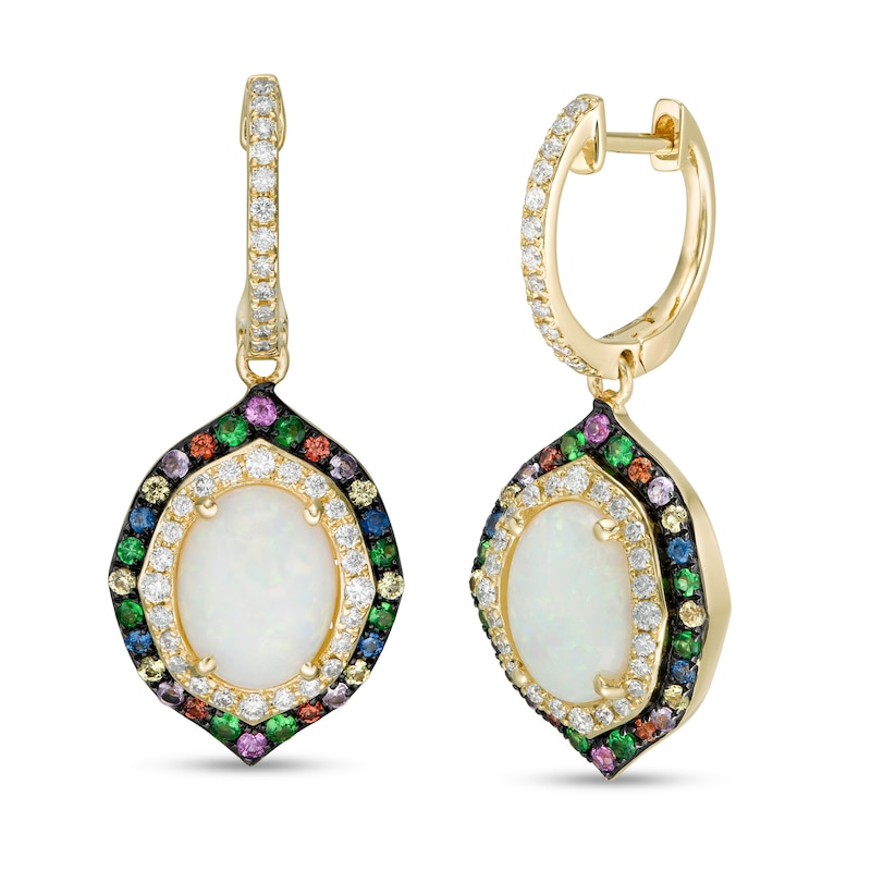 Main Image 1 of EFFY™ Collection Oval Opal, Multi-Gemstone and 0.36 CT. T.W. Diamond Double Frame Drop Earrings in 14K Gold