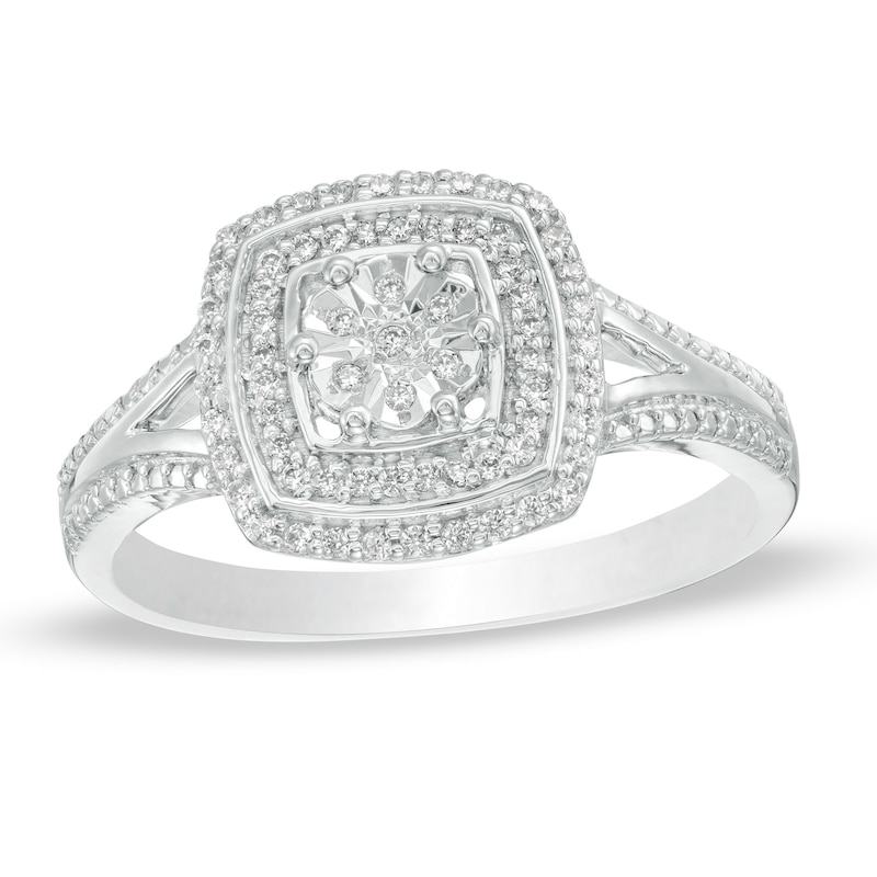 0.18 CT. T.W. Composite Diamond Double Cushion Frame Split Shank Promise Ring in Sterling Silver|Peoples Jewellers