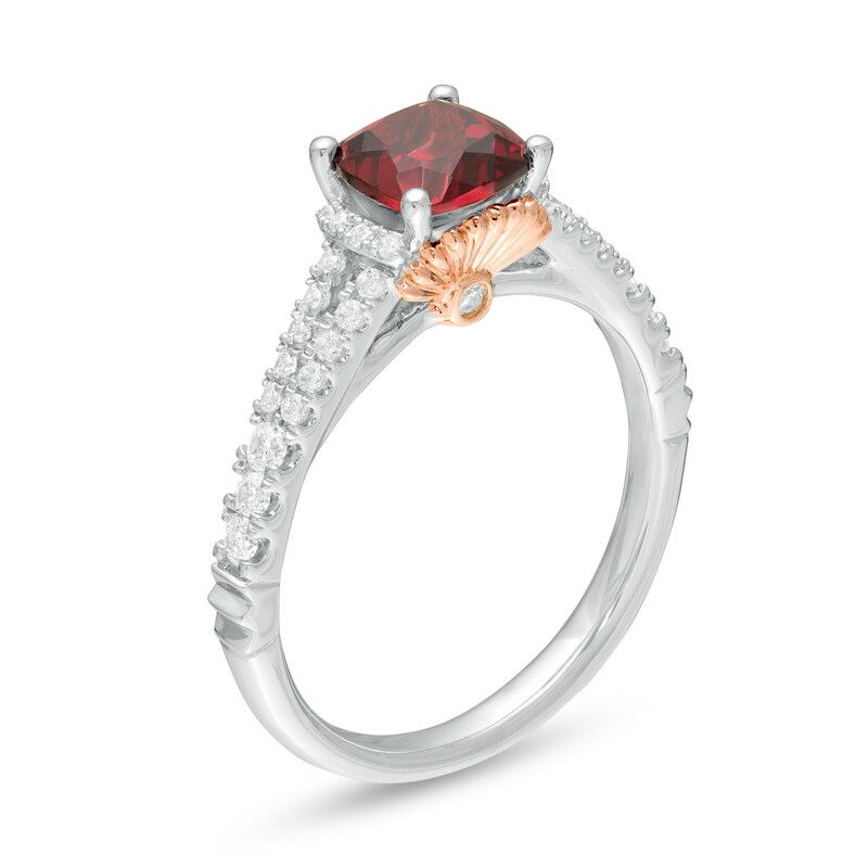 Enchanted Disney Mulan 6.0mm Cushion-Cut Rhodolite Garnet and 0.23 CT. T.W. Diamond Engagement Ring in 14K Two-Tone Gold