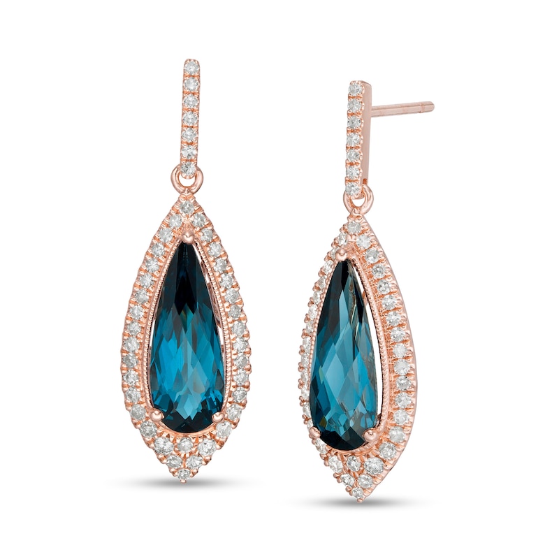 EFFY™ Collection Elongated Pear-Shaped London Blue Topaz and 0.40 CT. T.W. Diamond Teardrop Earrings in 14K Rose Gold|Peoples Jewellers