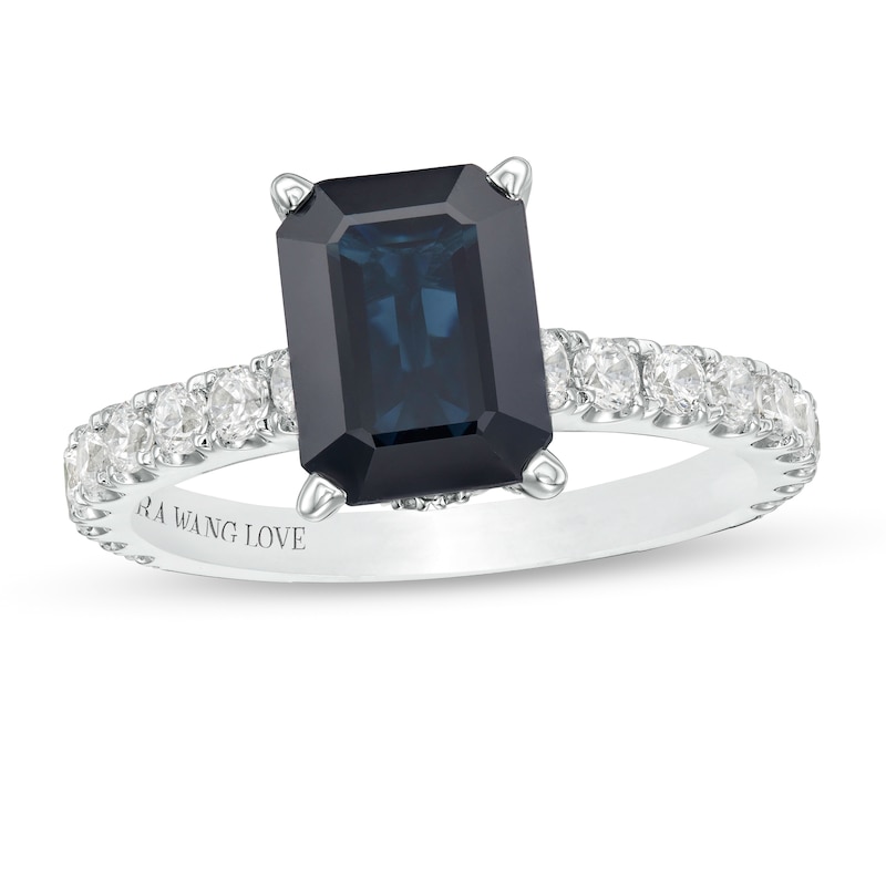 Vera Wang Love Collection Certified Octagonal Blue Sapphire and 0.69 CT. T.W. Diamond Engagement Ring in 14K White Gold