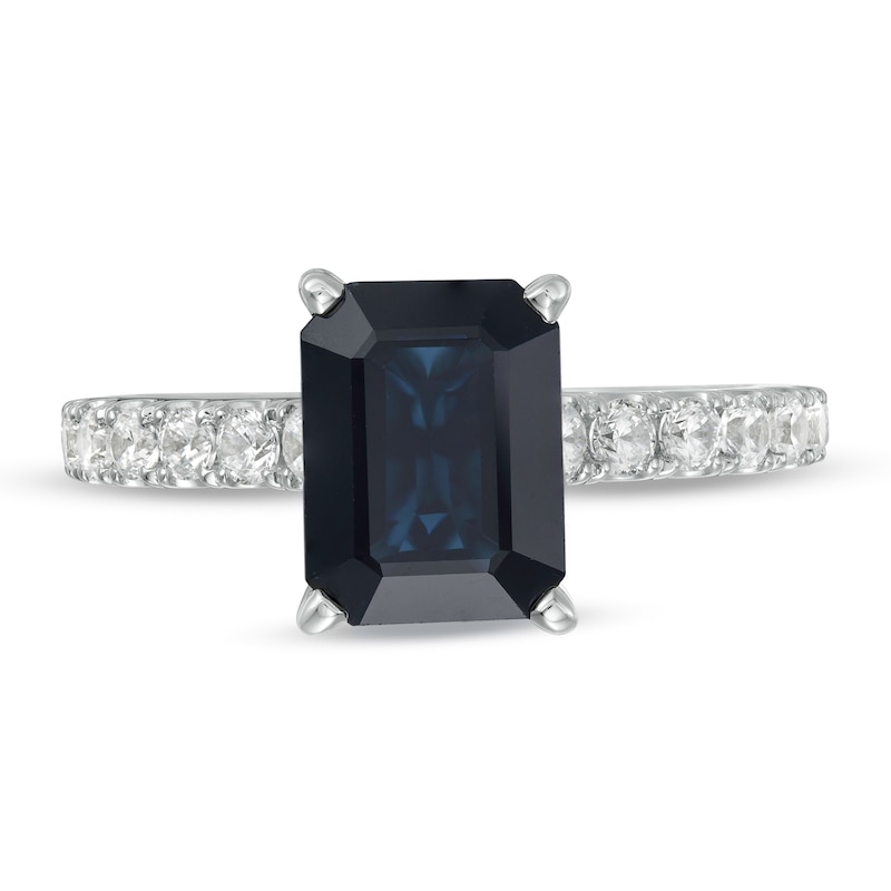 Vera Wang Love Collection Certified Octagonal Blue Sapphire and 0.69 CT. T.W. Diamond Engagement Ring in 14K White Gold