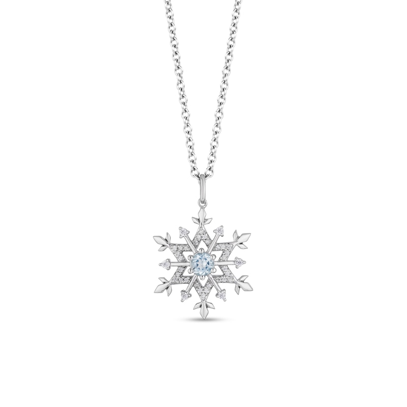 Main Image 1 of Enchanted Disney Elsa 4.0mm Aquamarine and 0.15 CT. T.W. Diamond Snowflake Pendant in Sterling Silver - 19"