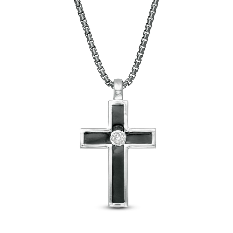 Vera Wang Men 0.145 CT. Diamond Solitaire Black Enamel Cross Pendant in Sterling Silver with Black Rhodium - 22"|Peoples Jewellers