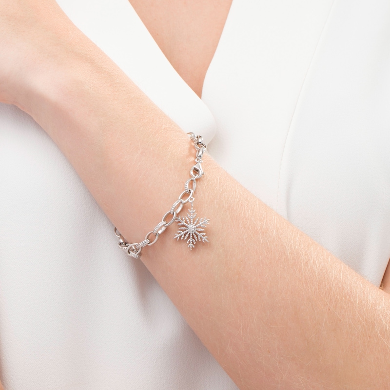 Main Image 2 of 0.085 CT. T.W. Diamond Snowflake Charm Bracelet in Sterling Silver - 7.5"