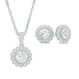 6.5mm Lab-Created White Sapphire Vintage-Style Flower Stud Earrings and Pendant Set in Sterling Silver