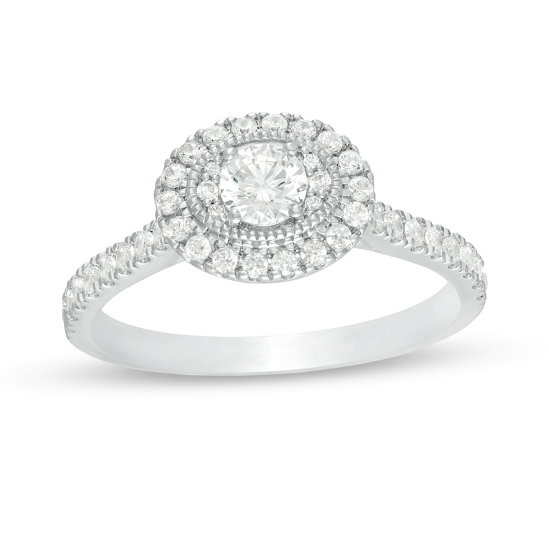 Main Image 1 of 0.60 CT. T.W. Certified Canadian Diamond Double Frame Vintage-Style Engagement Ring in 14K White Gold (I/I1)