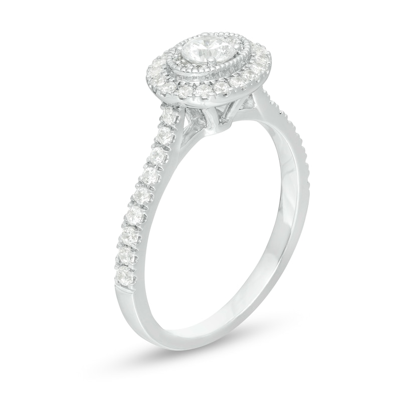0.60 CT. T.W. Certified Canadian Diamond Double Frame Vintage-Style Engagement Ring in 14K White Gold (I/I1)