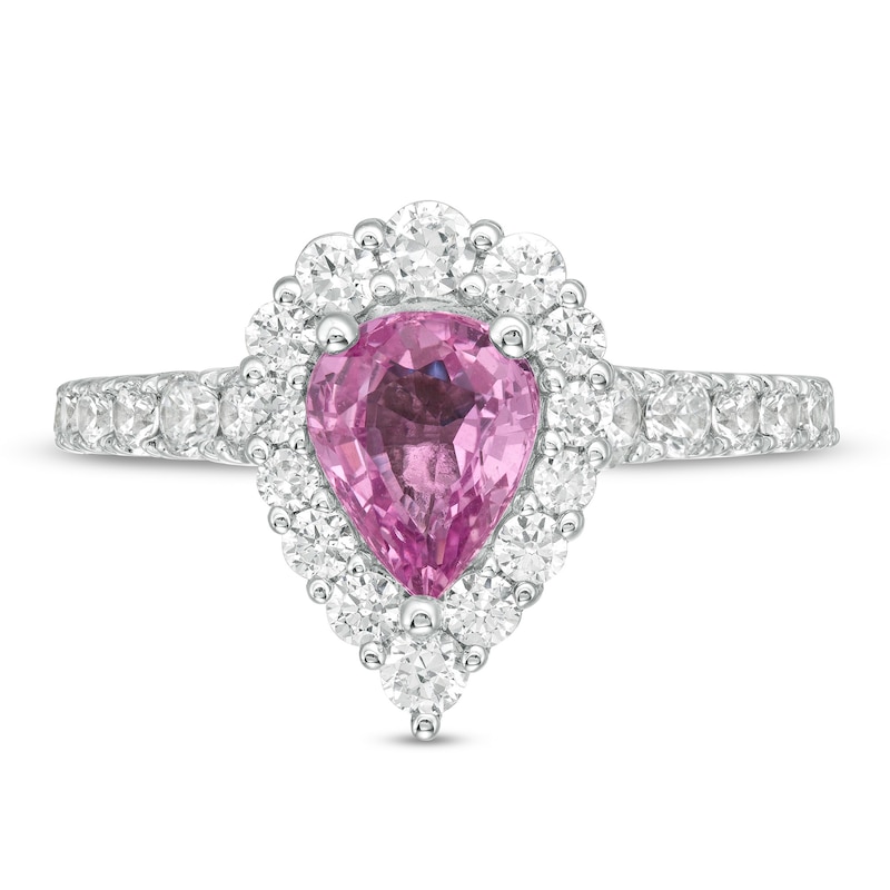Main Image 3 of Vera Wang Love Collection Certified Pear-Shaped Pink Sapphire and 0.95 CT. T.W. Diamond Engagement Ring in 14K White Gold