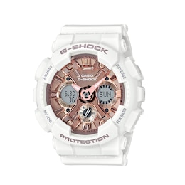 Ladies' Casio G-Shock White Resin Strap Watch with Rose-Tone Dial (Model: GMAS120MF-7A2)