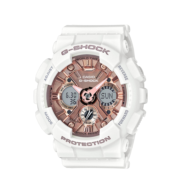 Ladies' Casio G-Shock White Resin Strap Watch with Rose-Tone Dial (Model: GMAS120MF-7A2)|Peoples Jewellers