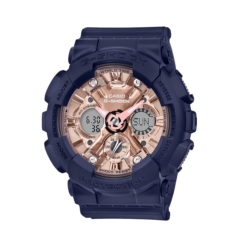 Ladies' Casio G-Shock Blue Resin Strap Watch with Rose-Tone Dial (Model: GMAS120MF-2A2)|Peoples Jewellers