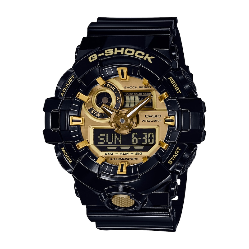 Men's Casio G-Shock Classic Black Resin Strap Watch with Gold-Tone Dial (Model: GA710GB-1A)|Peoples Jewellers