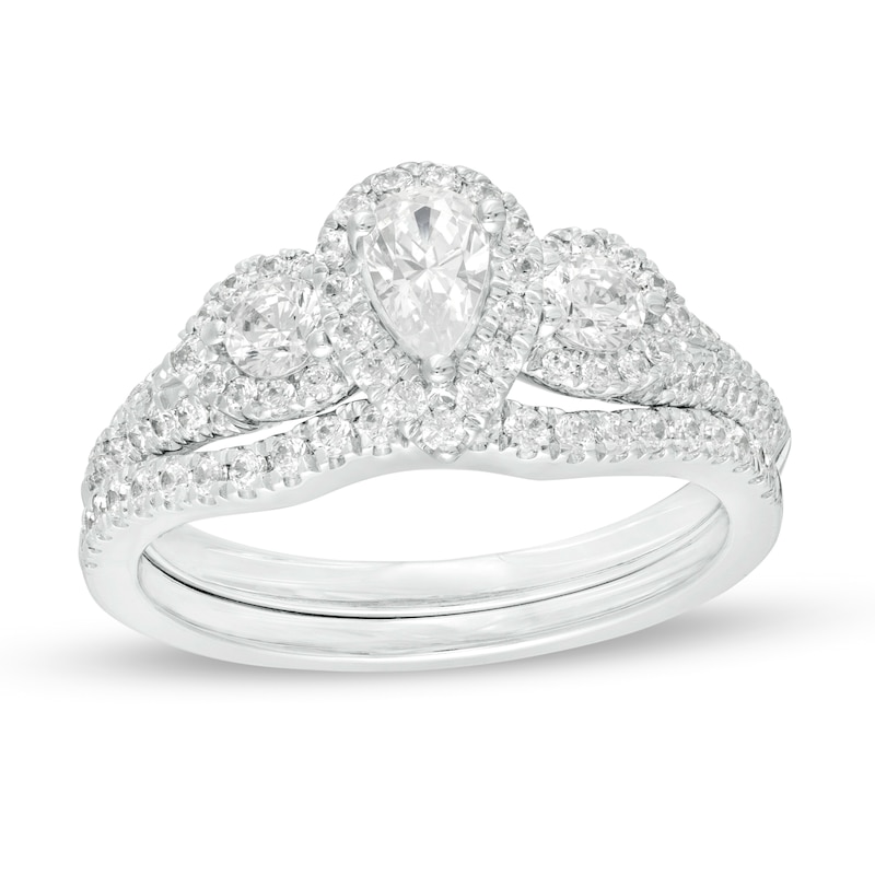 Main Image 1 of 1.10 CT. T.W. Pear-Shaped Diamond Past Present Future® Frame Bridal Set in 14K White Gold