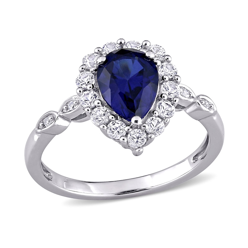 Pear-Shaped Lab-Created Blue and White Sapphire and Diamond Accent Frame Ring in 10K White Gold|Peoples Jewellers