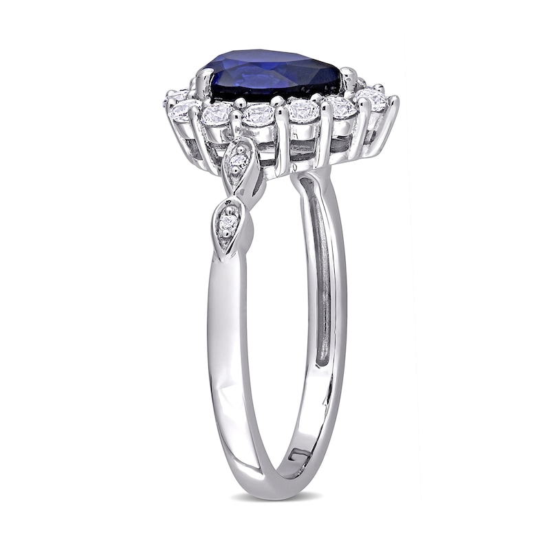 Pear-Shaped Lab-Created Blue and White Sapphire and Diamond Accent Frame Ring in 10K White Gold
