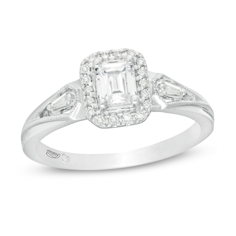 Emmy London 0.50 CT. T.W. Certified Emerald-Cut Diamond Vintage-Style Engagement Ring in 18K White Gold (F/VS2)
