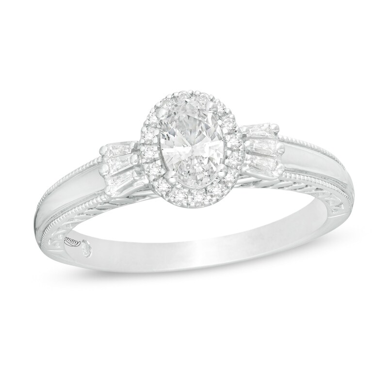 Main Image 1 of Emmy London 0.60 CT. T.W. Certified Oval Diamond Frame Vintage-Style Engagement Ring in 18K White Gold (F/VS2)